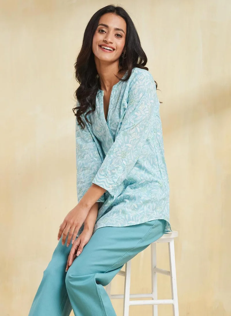 فاب انديا Blue Cotton Hand Block Printed Tunic