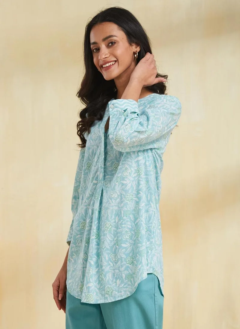 فاب انديا Blue Cotton Hand Block Printed Tunic