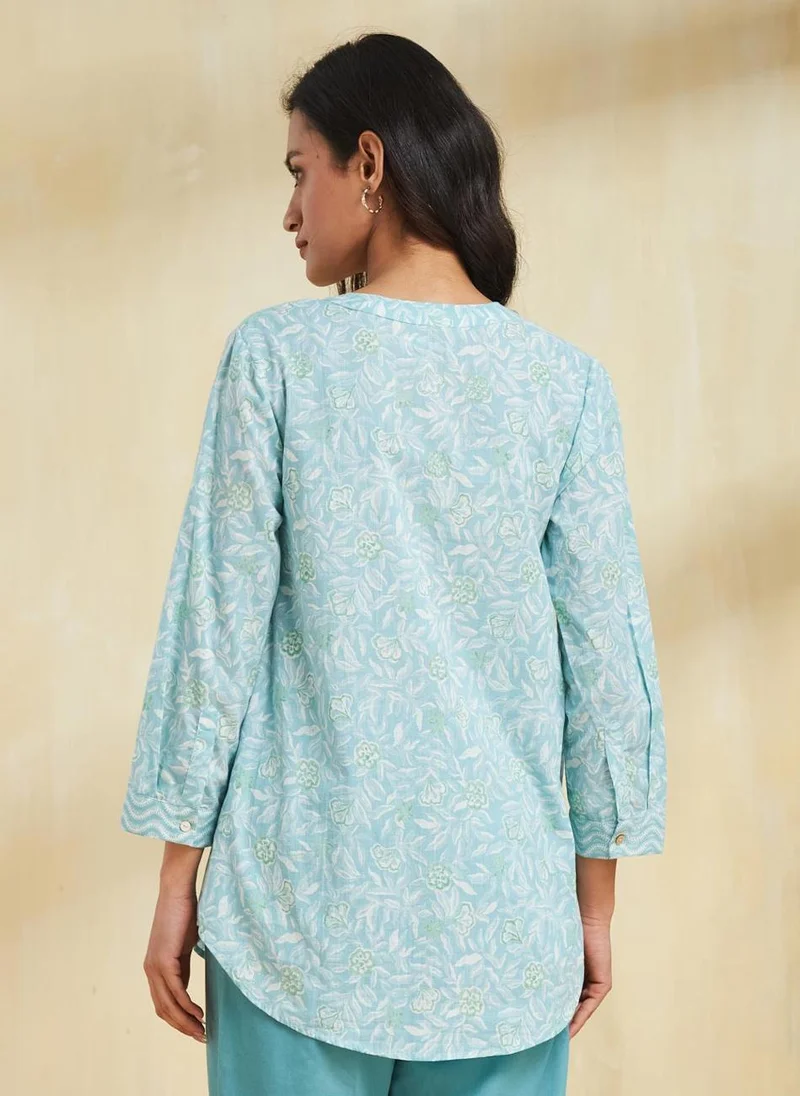 فاب انديا Blue Cotton Hand Block Printed Tunic