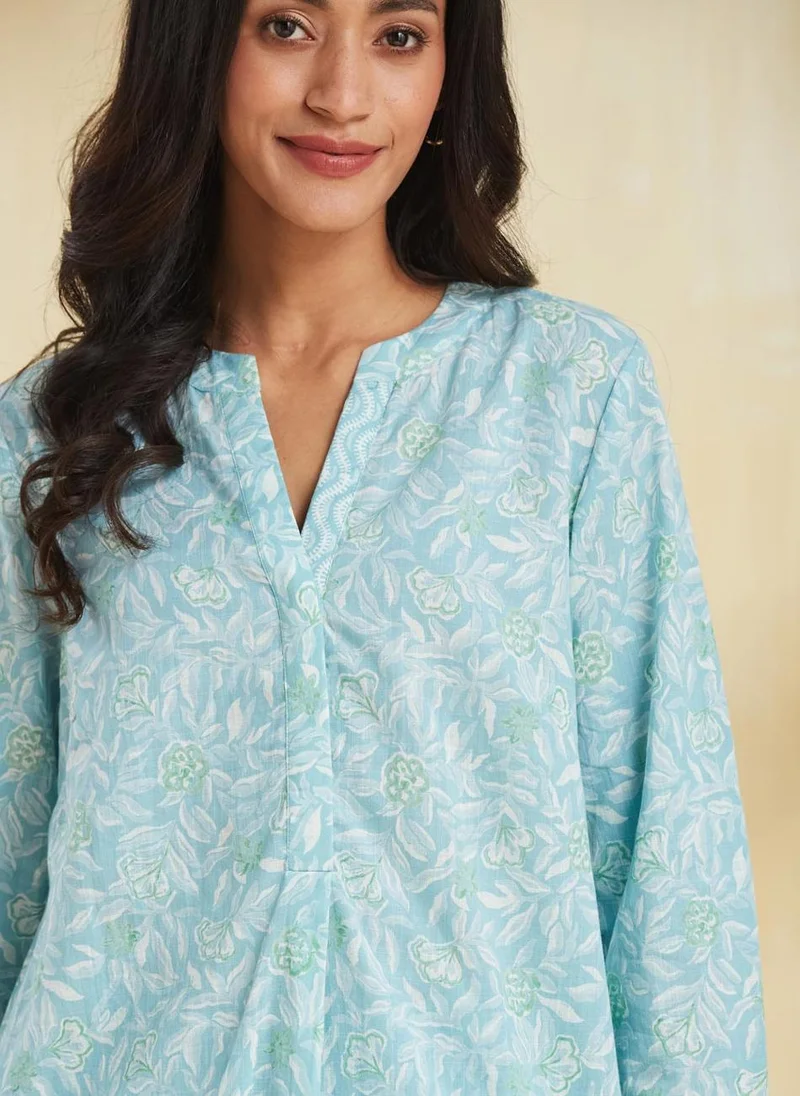 فاب انديا Blue Cotton Hand Block Printed Tunic