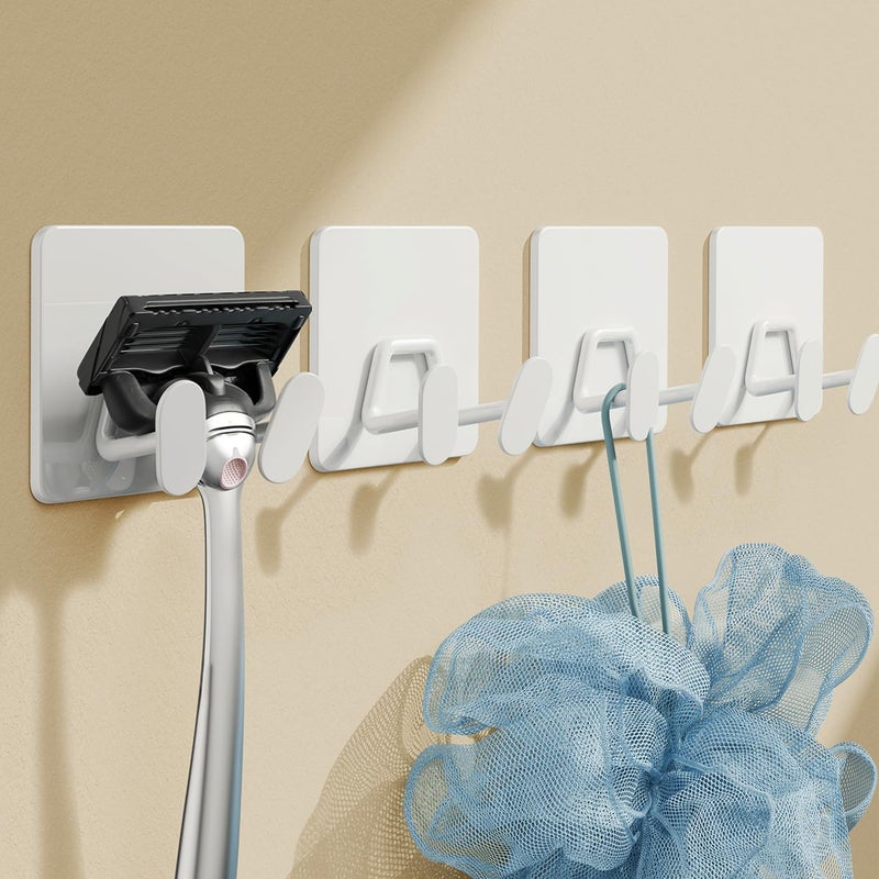 susswiff Adhesive Shower Hooks for Inside Extra Sticky Stainless Razor Holder Shower Accessories Wall Mounted SelfAdhesive Double Hooks for Razor Loofah Towel Shaver Coat Key White 4 Pack