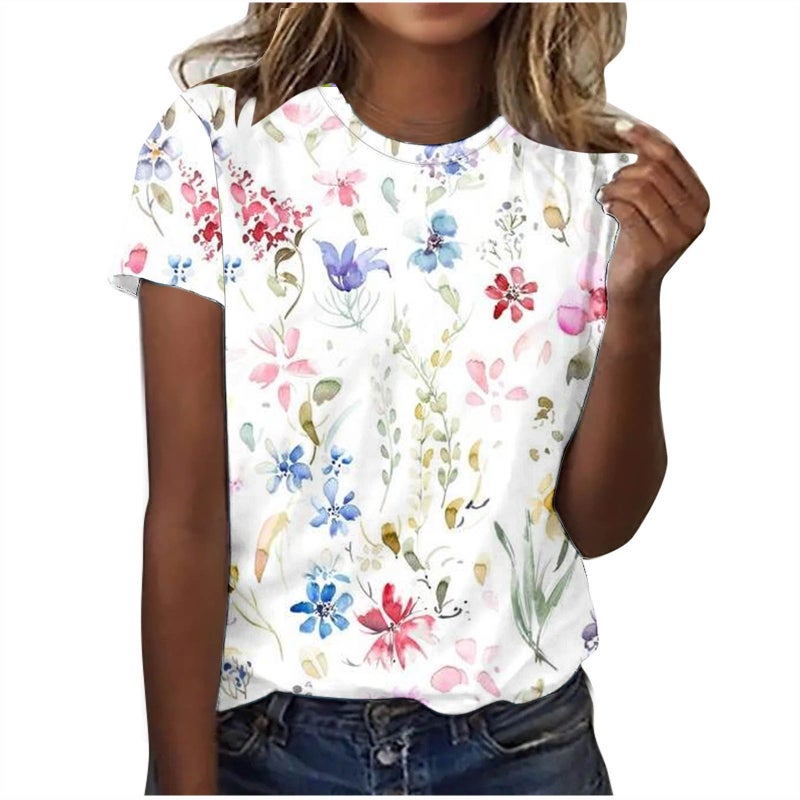 2024Temu Explosions Women'S Crewneck T-Shirt Trend Digital Printing Short Sleeve Factory - Image 1