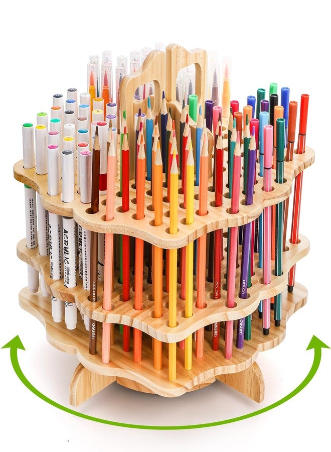 Peohud Wooden Pen Holder, 124 Slots Rotating Pencil Display Stand, Portable Paint Brush Organizer for Colored Pencils, Watercolor Brushes, Art Brushes, Office, Desktop - Image 1