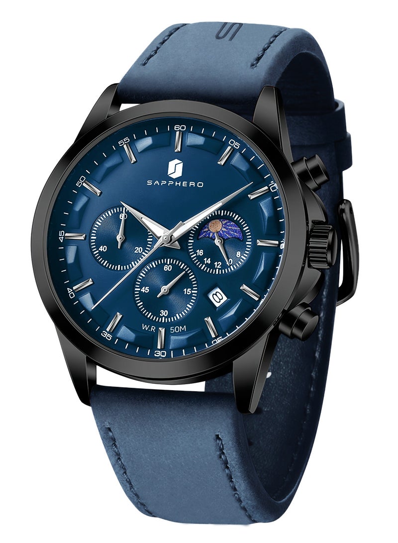 Sapphero ساعات الرجال التناظرية الكوارتز كرونوغراف الماء ساعات المعصم الرجال الأعمال العادية الموضة المصمم الكلاسيكي اللباس الأنيق ساعة مع التقويم الجلد / الفولاذ المقاوم للصدأ حزام هدايا للرجال - Image 1