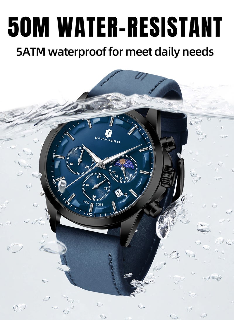 Sapphero ساعات الرجال التناظرية الكوارتز كرونوغراف الماء ساعات المعصم الرجال الأعمال العادية الموضة المصمم الكلاسيكي اللباس الأنيق ساعة مع التقويم الجلد / الفولاذ المقاوم للصدأ حزام هدايا للرجال - Image 5