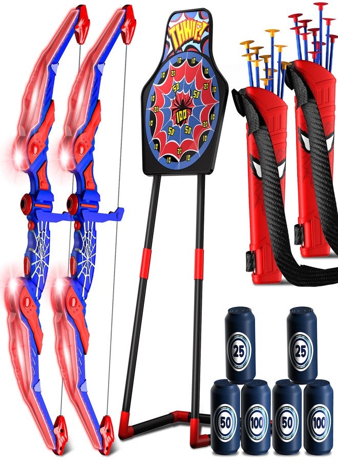 Motivekit Spider Bow and Arrow Set for Kids, 2 Pack Led Archery Set, Bow Arrow Set with 20 Suction Cup Arrows, Target with Stand & 6 Target Cans, Birthday Gift Bow and Arrow Set for Kids 4-6 - Image 1