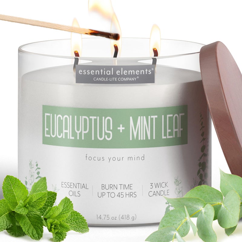 Essential Elements by Candlelite Scented Candles Eucalyptus  Mint Leaf Fragrance One 1475 oz ThreeWick Aromatherapy Candle with 45 Hours of Burn Time OffWhite Color