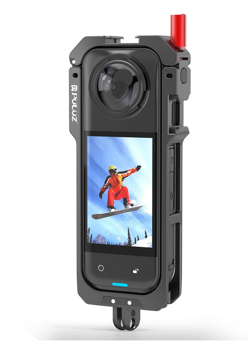 PULUZ Aluminum Alloy Protective Cage for Insta360 X5 Action Camera, CNC Metal Frame with Lens Cap, Dual Cold Shoe Mount, Magnetic Base, 1/4 Tripod Interface, Quick Tool-Free Installation, Full Access to Buttons & Mic – Camera Protection Frame  - Image 2