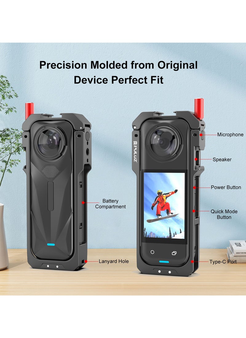 PULUZ Aluminum Alloy Protective Cage for Insta360 X5 Action Camera, CNC Metal Frame with Lens Cap, Dual Cold Shoe Mount, Magnetic Base, 1/4 Tripod Interface, Quick Tool-Free Installation, Full Access to Buttons & Mic – Camera Protection Frame  - Image 3