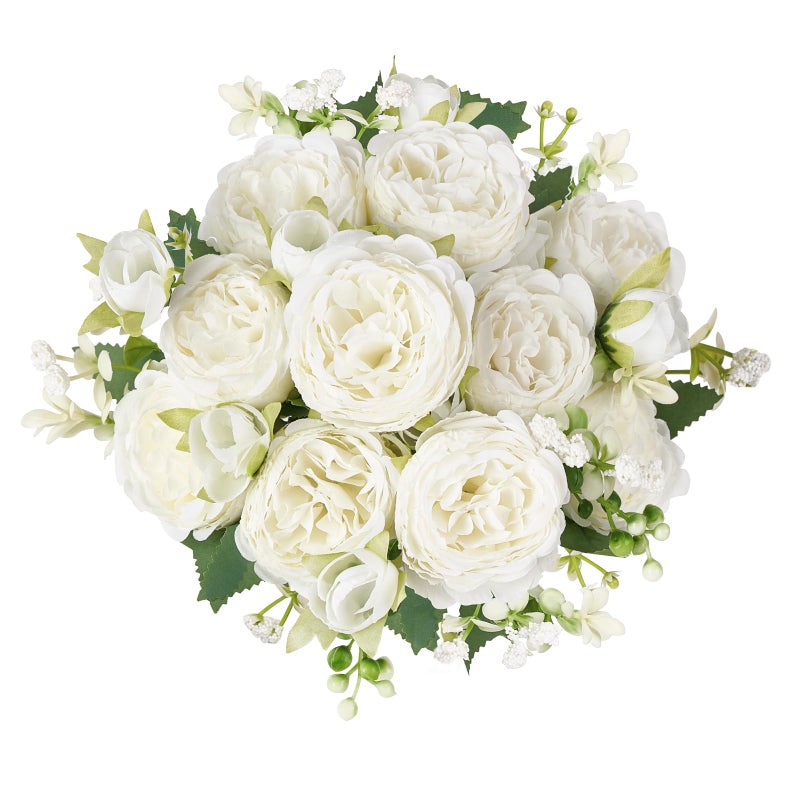 Mkono Peonies Artificial Flowers, Small Silk Flowers for Home Decor Indoor Fake Bouquet Faux Floral Arrangements Dining Table Centerpieces for Kitchen Party Decor White - Image 1