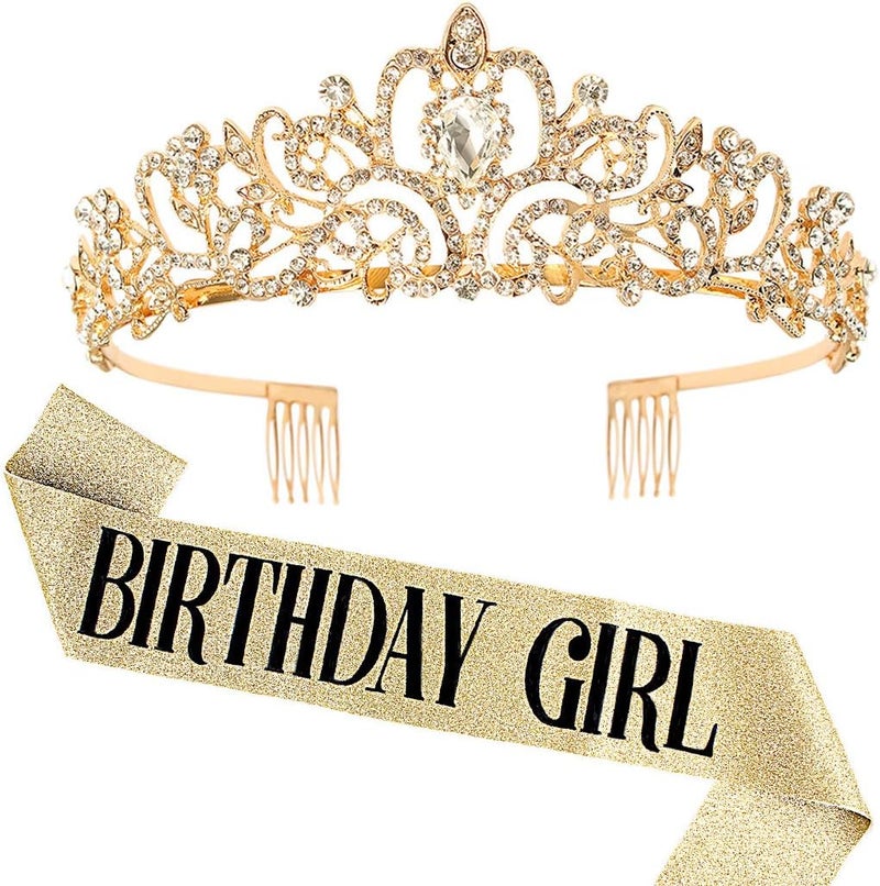 Birthday Girl Sash  Rhinestone Tiara Set COCIDE Birthday Sash and Tiara for Women Birthday Decoration Kit Rhinestone Headband for Girl Glitter Crystal Hair Accessories for Birth Party