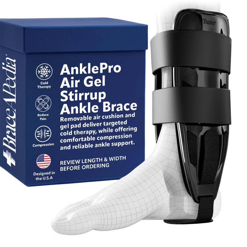 Braceapedia AnklePro Air Gel Stirrup Ankle Brace, Hard Core Side Stabilizer With Removable Cold Therapy Air Cushion & Gel Pad for Ankles, Ankle Brace for Women and Men, Ankle Support, Regular, Black - Image 1