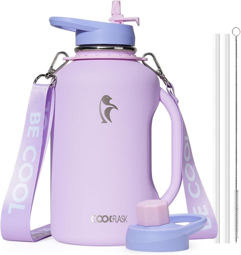 Coolflask 1900ml Water Bottle with Straw, 64 oz Insulated Stainless Steel Water Jug With Handle Metal Double-Walled Vacuum Large Flask With Strap Leakproof, Keep Cold 48 Hrs Hot 24hrs, Lavender - Image 1