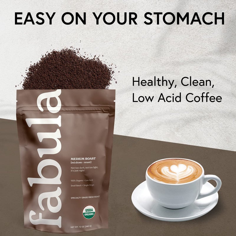 Fabula Low Acid Coffee, USDA Organic Ground Coffee Medium Roast - Non GMO - No Molds - Mycotoxins Pesticides Free - Single Origin Coffee - 12 oz - Image 4