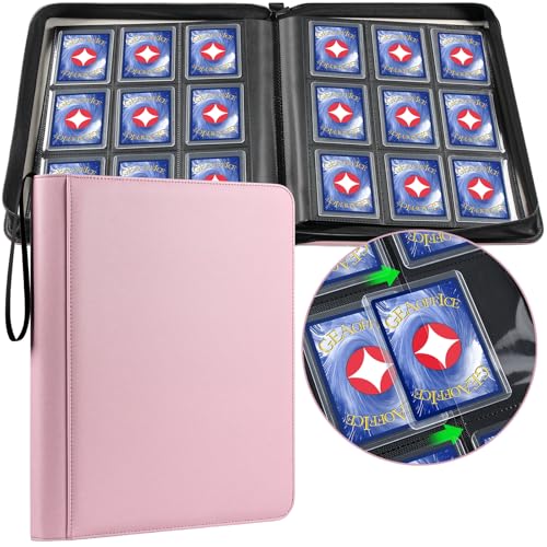 GEAoffice 9 Pockets Top Loader Binder Holds 324 Cards Premium PU Leather Trading Card Binder for Toploader Side Loading Zipper Card Binder Top Loader for 34 Rigid MTG TCG Waterproof Pink - Image 1