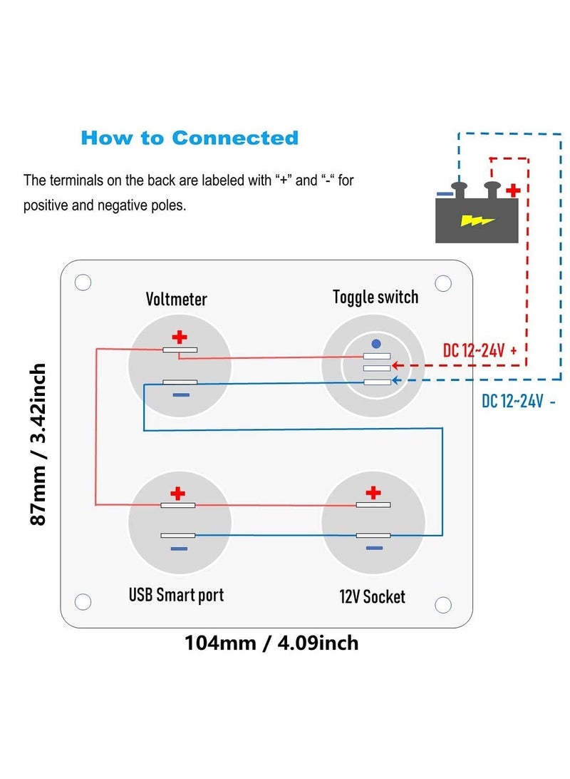 KASTWAVE Car Charger Switch Panel, 4-in-1Function Dual USB Charger LED Voltmeter ON/OFF Toggle Switch Cigarette Socket for Car Boat Marine (Type A) - Image 2