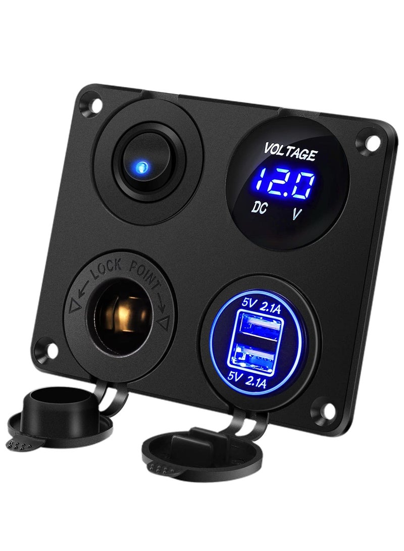 KASTWAVE Car Charger Switch Panel, 4-in-1Function Dual USB Charger LED Voltmeter ON/OFF Toggle Switch Cigarette Socket for Car Boat Marine (Type A) - Image 1