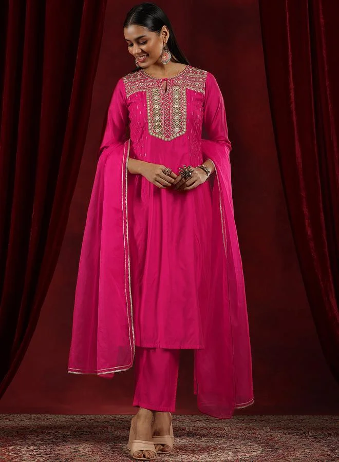 لباس Pink Yoke Design Silk Blend Straight Kurta, Palazzos and Dupatta Set
