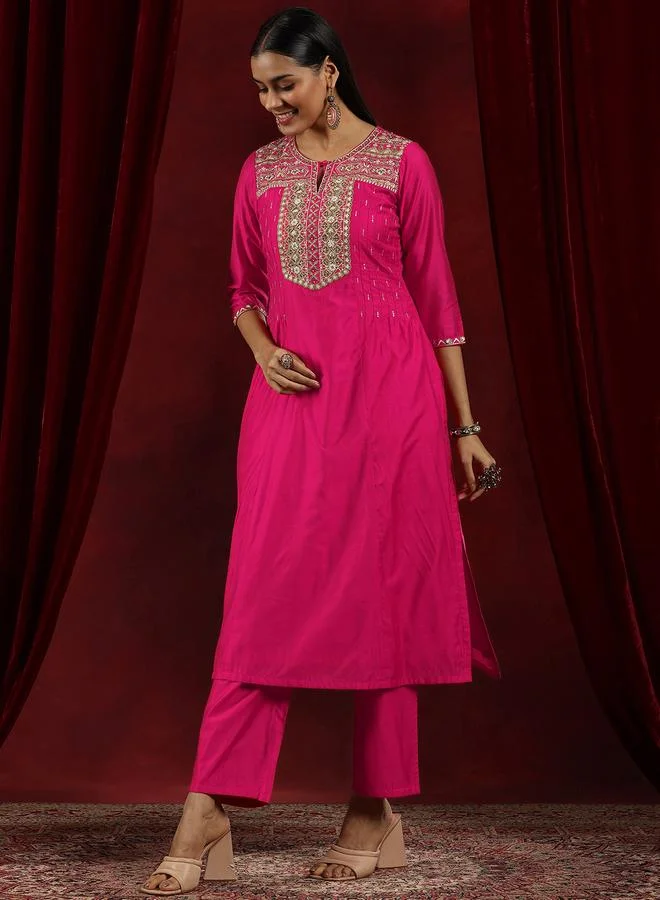 لباس Pink Yoke Design Silk Blend Straight Kurta, Palazzos and Dupatta Set