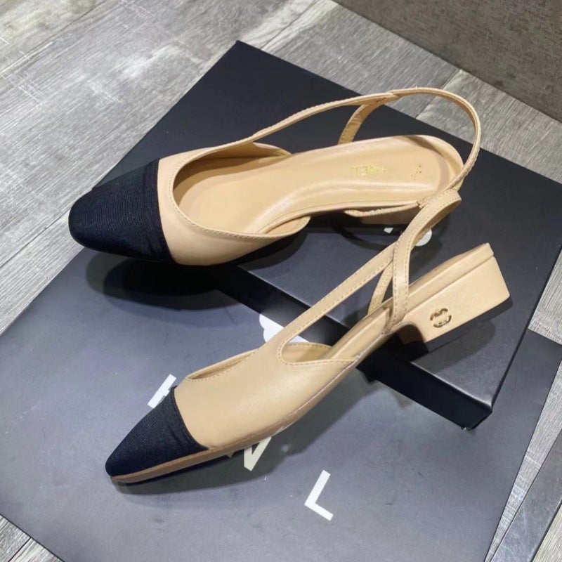 High Version Of Summer Small Fragrant Style Thick Heel Flats For Women With Back Straps Square Toe Color Matching Medium Heel Back Empty Toe Sandals French Style - Image 1