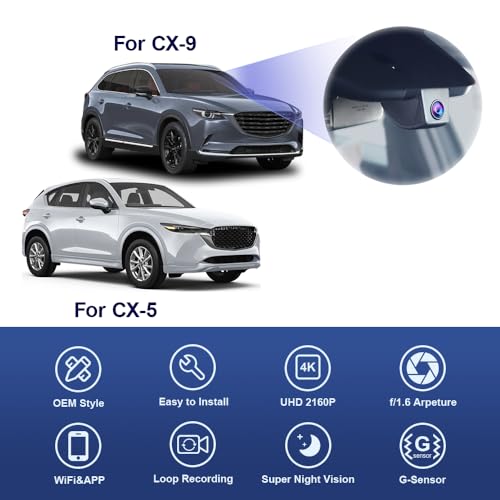 FITCAMX كاميرا داش فيت كام إكس 4K لسيارات مازدا CX-5 و CX-9 من 2017-2025 اختيار مفضل بريميوم بلس كربون توربو سبورت غراند تورينغ (مزودة بسقف بانورامي)، مظهر OEM، فيديو بدقة 2160P UHD، واي فاي وتطبيق، تسجيل متكرر وضع الوقوف، 64GB - Image 4