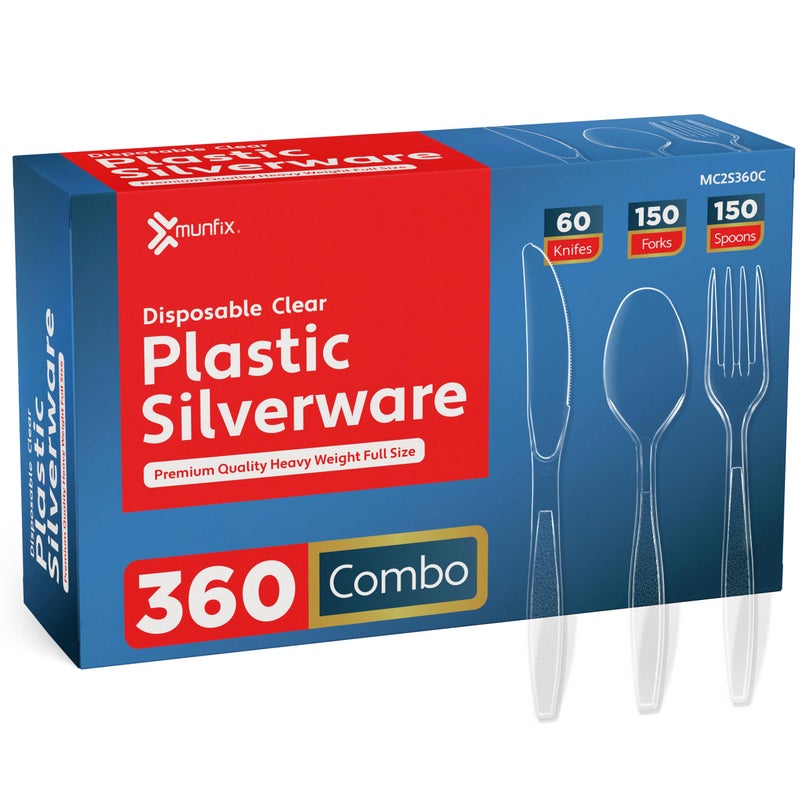 Munfix 360 Count Clear Plastic Silverware Set  150 Forks  150 Spoons  60 Knives  Heavy Duty BPA Free Disposable Cutlery Set  Premium Clear Plasticware for Party Supplies - Image 1