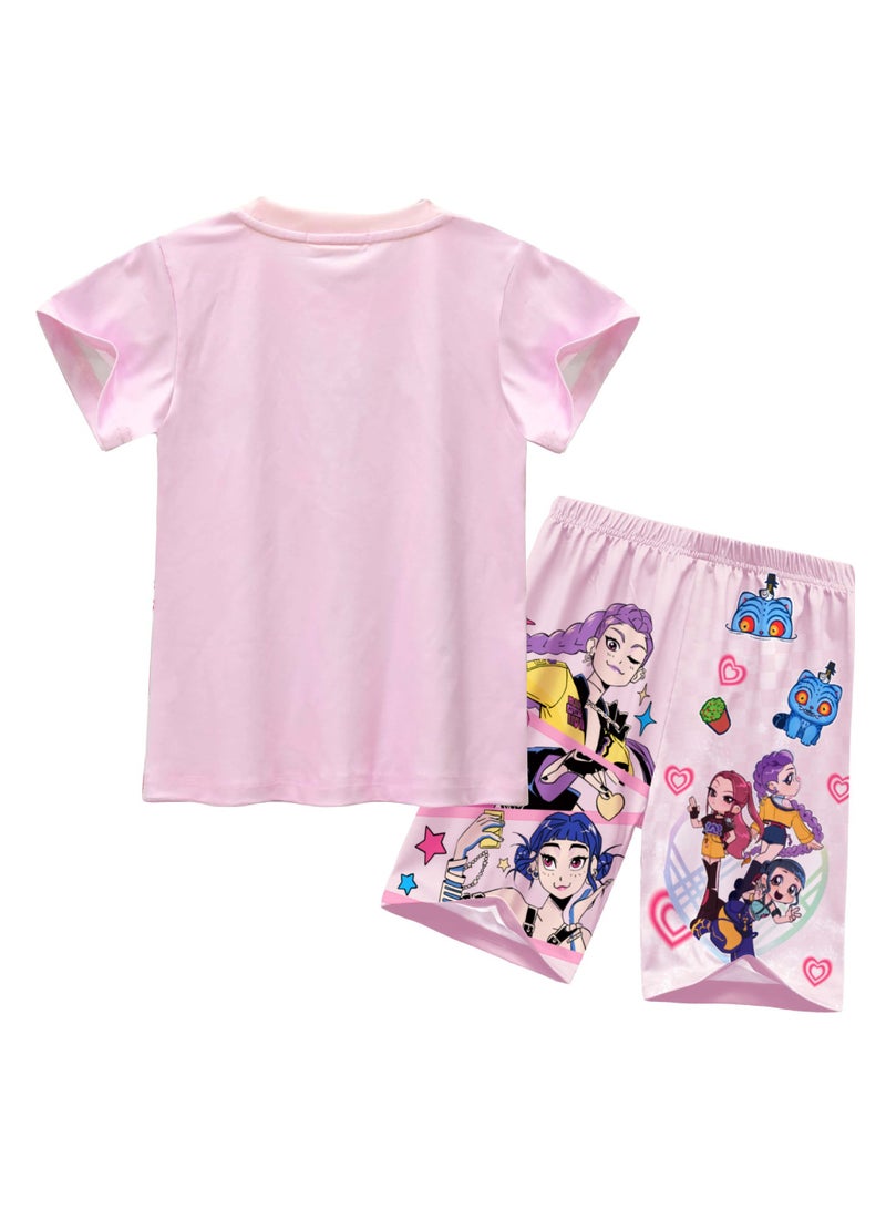 عام طقم ملابس أطفال منزلي قصير الأكمام وشورت مطبوع عليه Demon Hunters من Kpop، تصميم منعش وغير محكم للسماح بتدفق الهواء. - Image 2