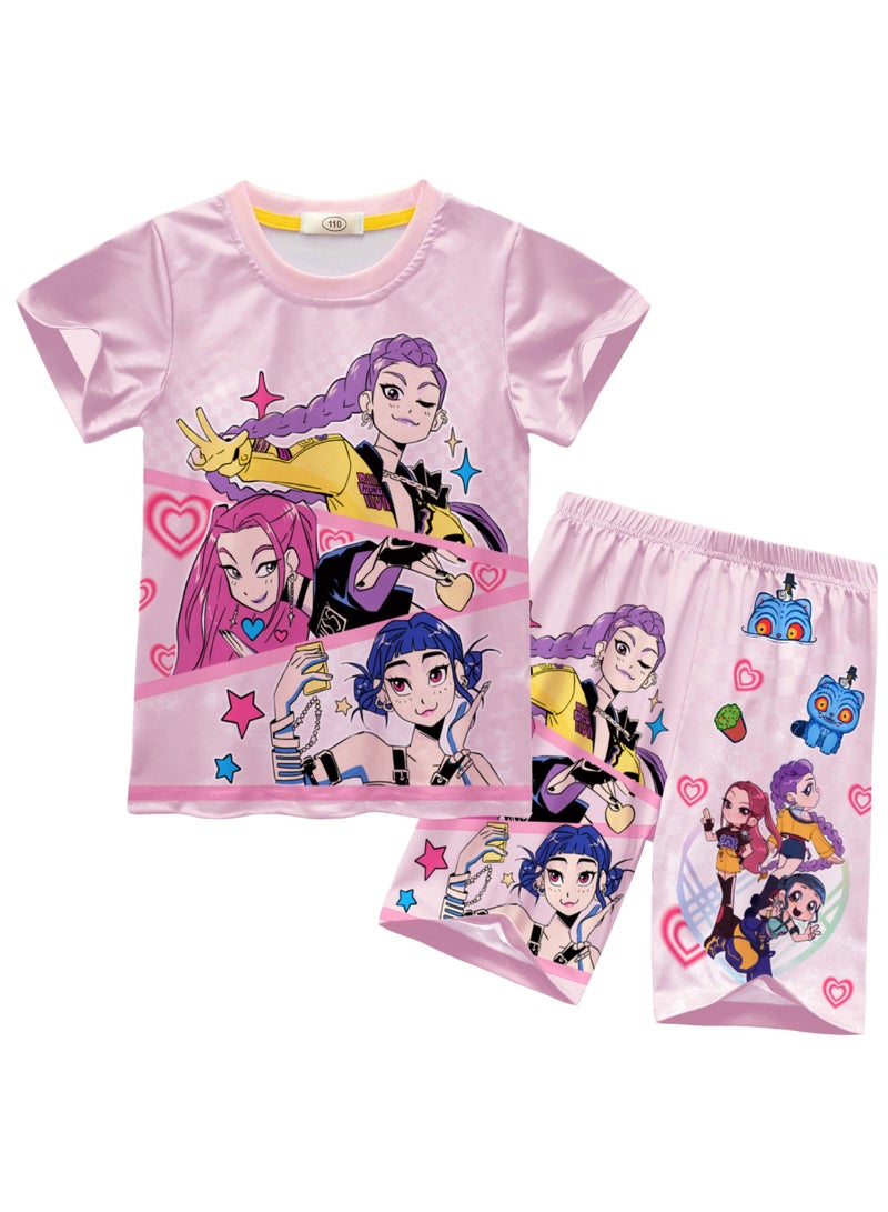 عام طقم ملابس أطفال منزلي قصير الأكمام وشورت مطبوع عليه Demon Hunters من Kpop، تصميم منعش وغير محكم للسماح بتدفق الهواء. - Image 1