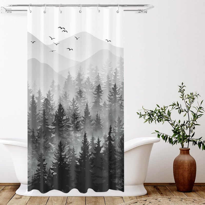 Accnicc Stall Small Black and White Misty Forest Shower Curtain Ombre Gray Grey Mountain Pine Tree Waterproof Fabric Shower Curtains for Bathroom Nature Woodland Decorative Bath Curtain Decor 36Ã—72 Inches - Image 2