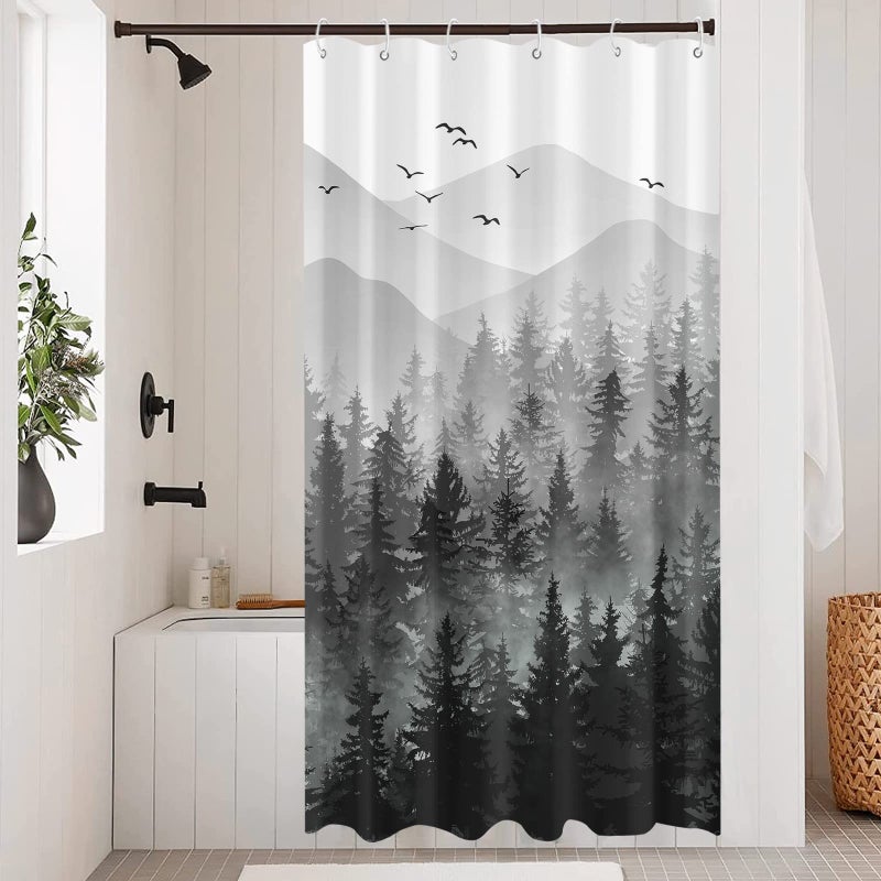 Accnicc Stall Small Black and White Misty Forest Shower Curtain Ombre Gray Grey Mountain Pine Tree Waterproof Fabric Shower Curtains for Bathroom Nature Woodland Decorative Bath Curtain Decor 36Ã—72 Inches - Image 1