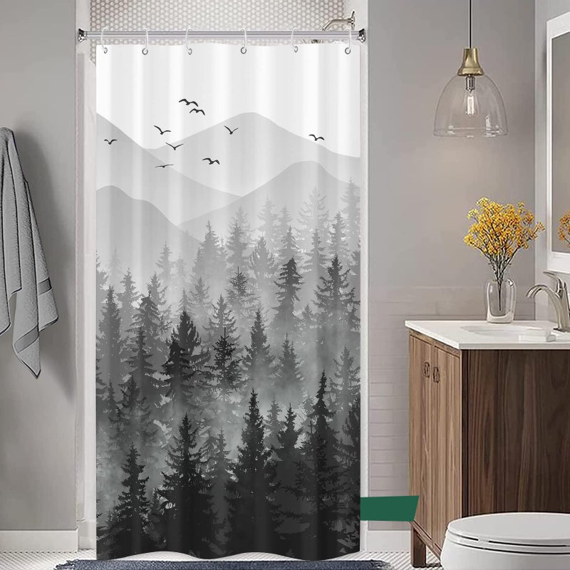 Accnicc Stall Small Black and White Misty Forest Shower Curtain Ombre Gray Grey Mountain Pine Tree Waterproof Fabric Shower Curtains for Bathroom Nature Woodland Decorative Bath Curtain Decor 36Ã—72 Inches - Image 3