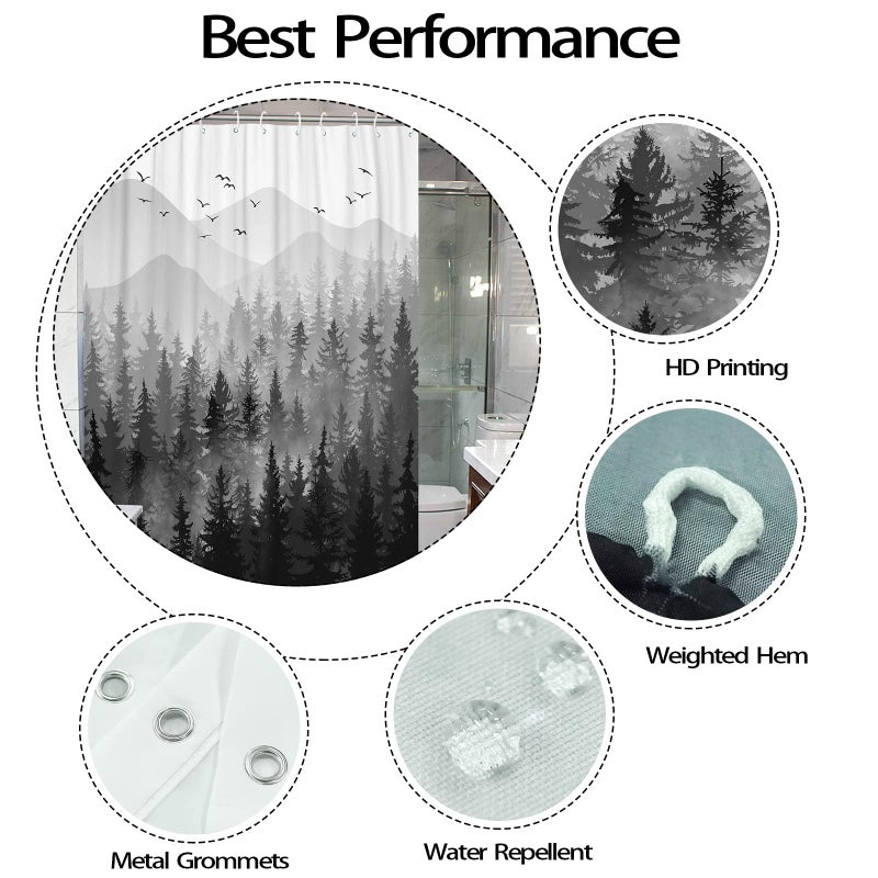 Accnicc Stall Small Black and White Misty Forest Shower Curtain Ombre Gray Grey Mountain Pine Tree Waterproof Fabric Shower Curtains for Bathroom Nature Woodland Decorative Bath Curtain Decor 36Ã—72 Inches - Image 5