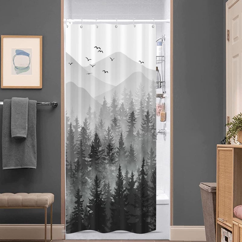 Accnicc Stall Small Black and White Misty Forest Shower Curtain Ombre Gray Grey Mountain Pine Tree Waterproof Fabric Shower Curtains for Bathroom Nature Woodland Decorative Bath Curtain Decor 36Ã—72 Inches - Image 4