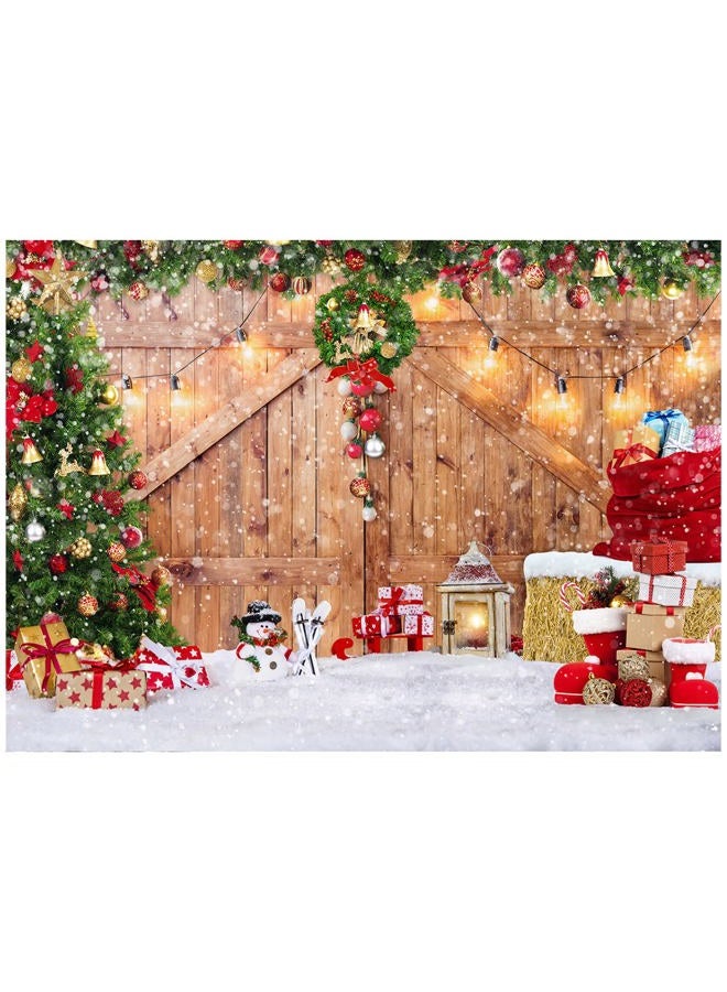 SJOLOON Rustic Christmas Barn Wood Door Backdrop for Photography Xmas Tree Snow Gift Wall Floor Party Photo Background Winter Holiday Family Supplies Banner Decoration Studio Props 12391 (7x5FT) - Image 1