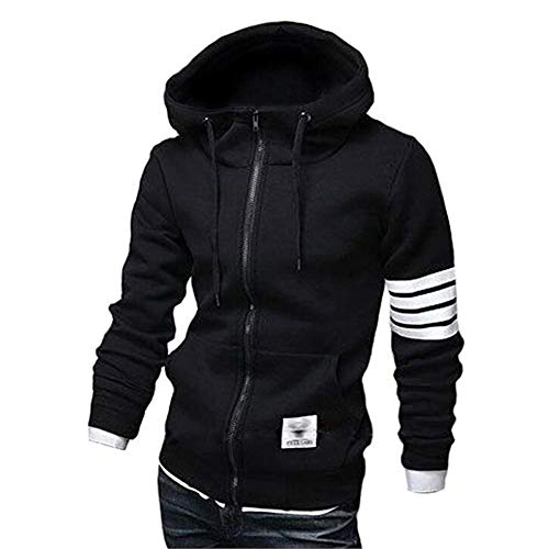 ZUEVI Men's Casual Striped Drawstring Hooded And Zipper Closure Hoodies Slim Fit Lightweight Sweatshirt (Black-XL) - Image 1