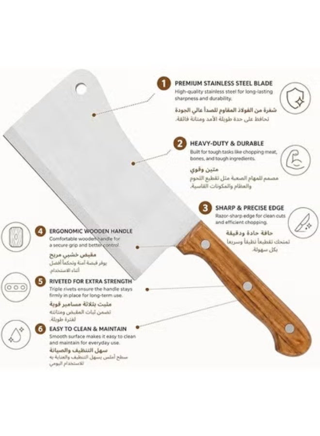 High Quality Heavy Duty Meat Cleaver Knife, Premium Stainless Steel Butcher Chopper with Ergonomic Wooden Handle for Meat Chopping and Bone Cutting - Image 3