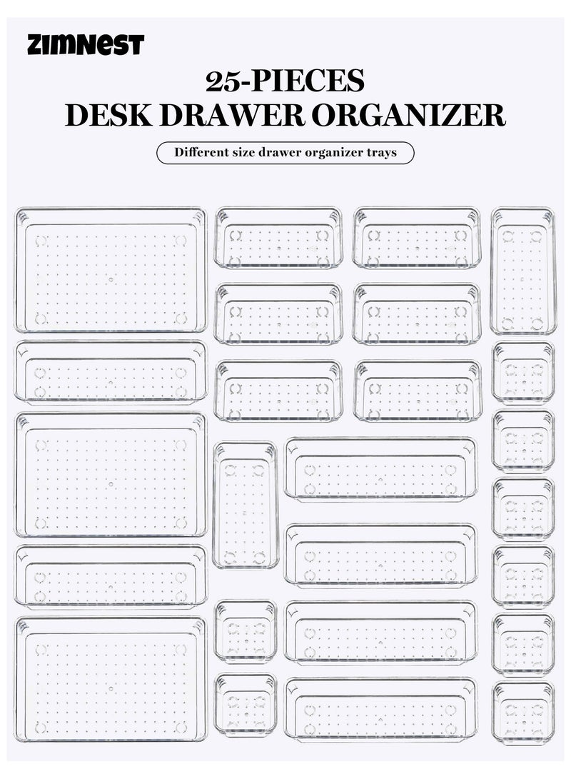 ZIMNEST Clear Plastic Drawer Organizers Set 25 PCS, 4 Sizes Versatile Storage Trays for Bathroom Vanity Makeup Bedroom Kitchen Office Daily Use - Image 1