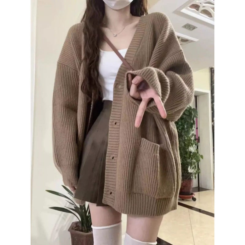 Japanese Style Sweet Lazy Age-Reducing V-Neck Stacked-Up Sweater Cardigan Loose Mid-Length Sweater For Female Students - Image 2