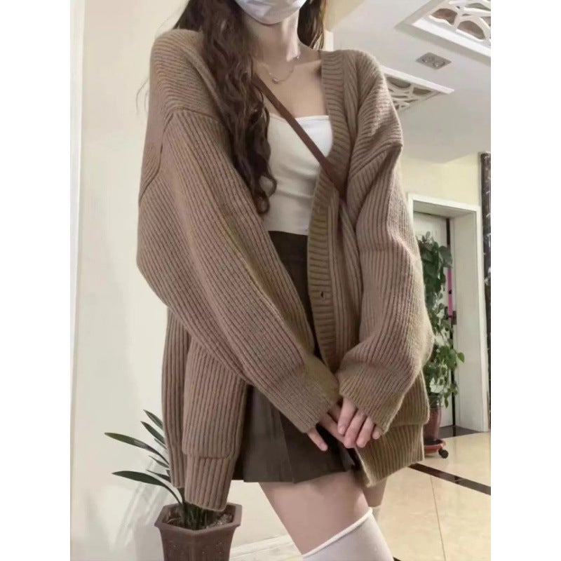 Japanese Style Sweet Lazy Age-Reducing V-Neck Stacked-Up Sweater Cardigan Loose Mid-Length Sweater For Female Students - Image 5