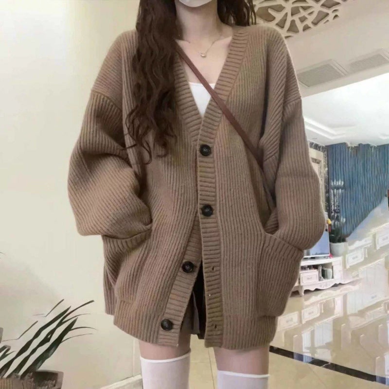 Japanese Style Sweet Lazy Age-Reducing V-Neck Stacked-Up Sweater Cardigan Loose Mid-Length Sweater For Female Students - Image 3