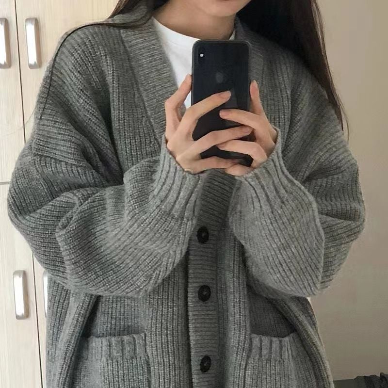 Japanese Style Sweet Lazy Age-Reducing V-Neck Stacked-Up Sweater Cardigan Loose Mid-Length Sweater For Female Students - Image 1