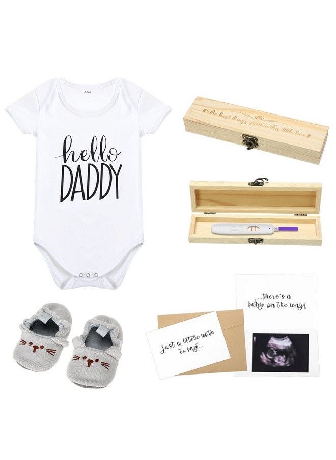 Jiuguva - Surprise Pregnancy Announcements For Dad Pregnancy Test Keepsake Box Wooden Baby Announcement Box Hello Daddy Baby Bodysuit Baby Shoes Pregnancy Reveal Card Envelope Baby Gift Sets For Husband Partner - Image 1