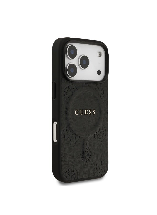 GUESS iPhone 17 Pro Max MagSafe PU Leather Case With Peony Hot Stamp Design With Classic Logo  / Magsafe Compatible / Ultra Slim / lightweight design / Easy Installation - Black - Image 4