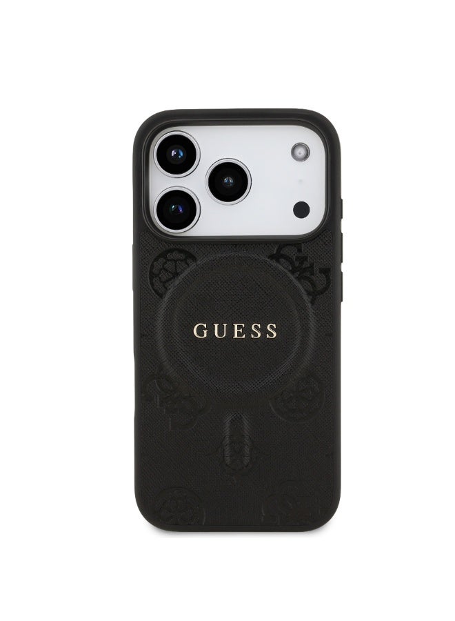 GUESS iPhone 17 Pro Max MagSafe PU Leather Case With Peony Hot Stamp Design With Classic Logo  / Magsafe Compatible / Ultra Slim / lightweight design / Easy Installation - Black - Image 1