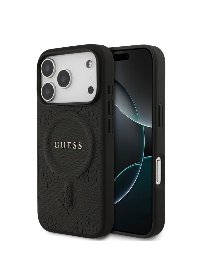 GUESS iPhone 17 Pro Max MagSafe PU Leather Case With Peony Hot Stamp Design With Classic Logo  / Magsafe Compatible / Ultra Slim / lightweight design / Easy Installation - Black - Image 2