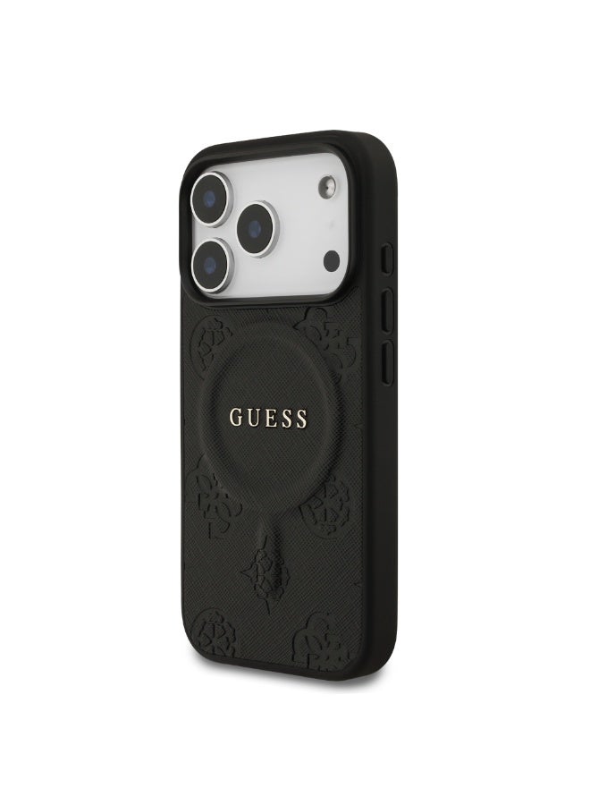 GUESS iPhone 17 Pro Max MagSafe PU Leather Case With Peony Hot Stamp Design With Classic Logo  / Magsafe Compatible / Ultra Slim / lightweight design / Easy Installation - Black - Image 3
