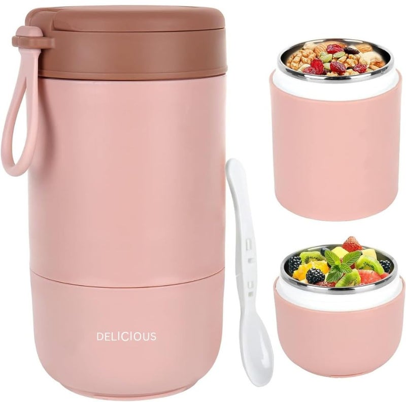 daiDokoro 730ml Stainless Steel Leakproof Lunch Pot/Meal Jar with Foldable Spoon for Office/School/College – Baby Pink - Image 1