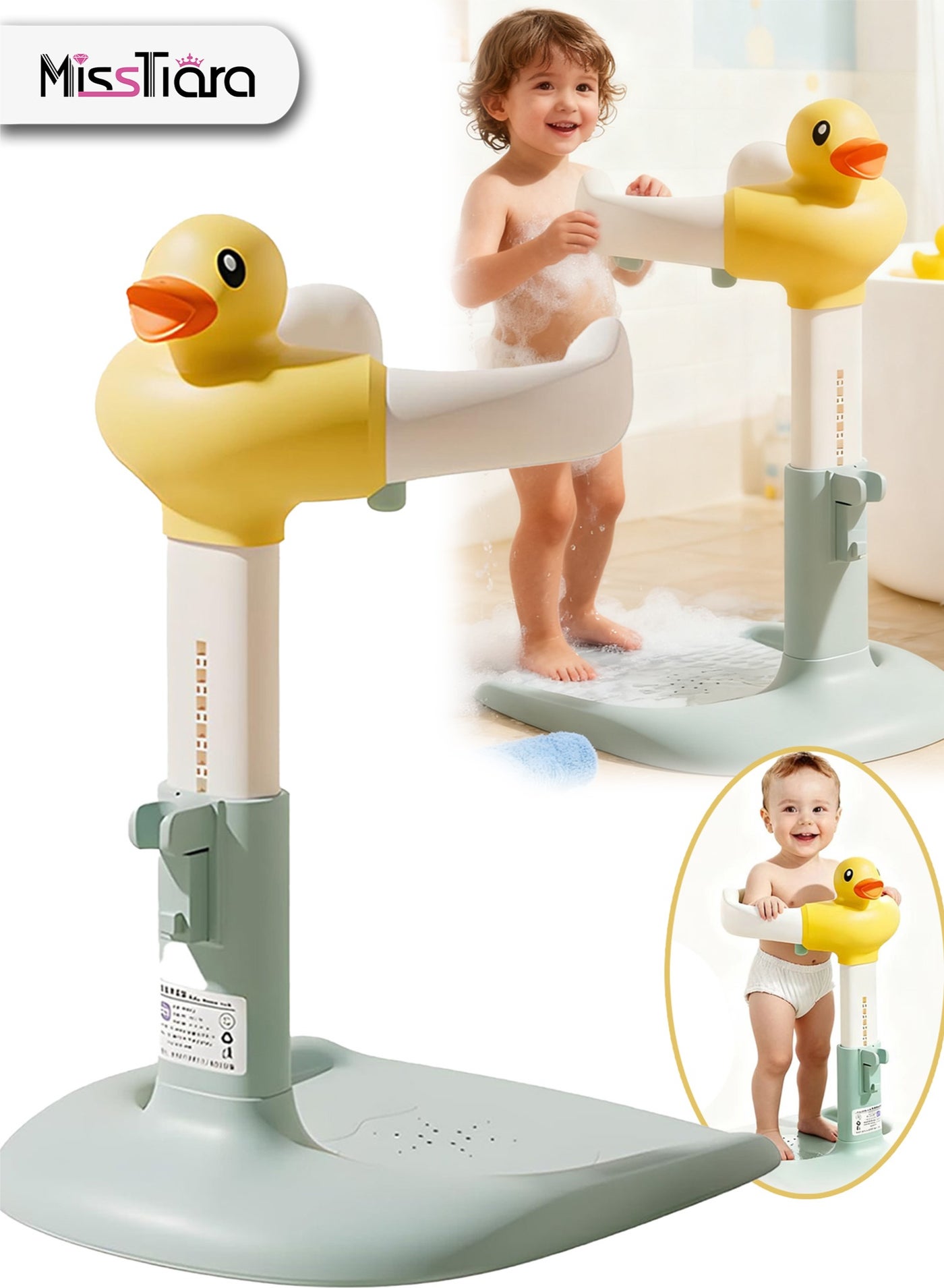 MissTiara Baby Shower Stand, Adjustable Height Duck Bathing Station with Non-slip Base, Portable Bathing Assistant, Smart Water Flow Hug Tower Bath Shower Stand, Hugable Bathing Stand for Infants and 