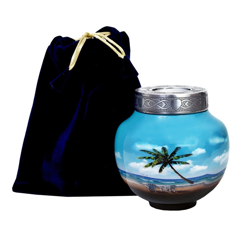 HLC Blue Palm Tree Design Cremation Urn  Aluminium Memorial Urn for Human Ashes  6 x 5