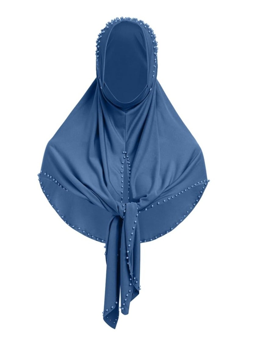 Women Rhinestone Pearl Muslim Head Wrap Plain Color Crystal Muslim Hijab Cap Lightweight One Piece Breathable Head Scarf-blue